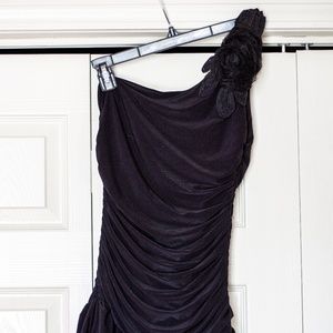 As U Wish | Asymmetrical Black Dress with Ruching and Black Lace Rose (J…